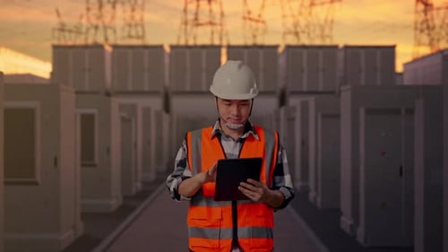 Front View of Asian Male Engineer Use Tablet While Walking with Electrical Energy