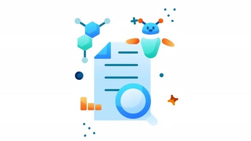 Artificial Intelligence Research Document with Data Analysis Icons Animation