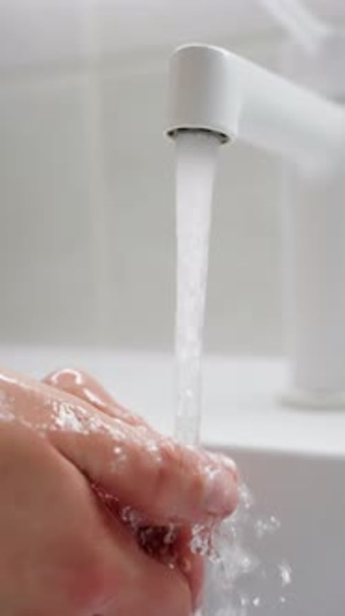 Hand Washing Under Faucet in Bright Bathroom