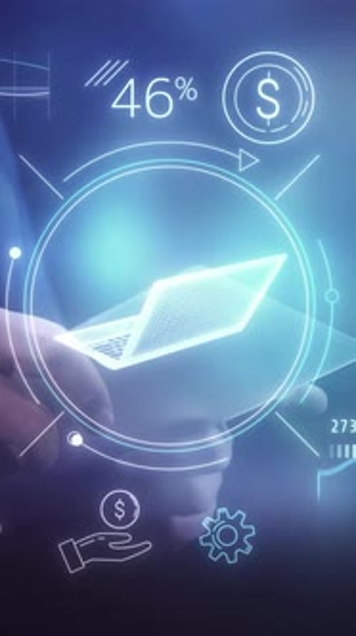 Animated Futuristic Business Interface with Holographic Laptop