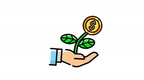 Animated finance growth with hand and plant icon . Seamless looping video with alpha channel