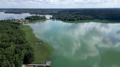 Lake surrounded by forests during the full summer. Aerial view from a drone