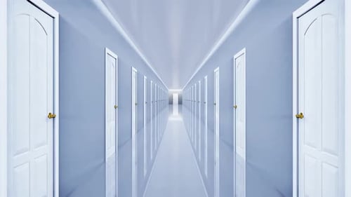 White Doors Hallway Explores Path to Green Screen Reveal