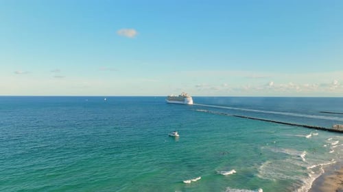 USA Travel Destination Miami Skyline with Ocean Cruise Liner Departing From Port