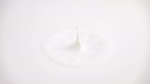 Goutte de lait frais qui tombe et éclabousse dans une mare laiteuse depuis le haut (anneaux au ralenti et sommet ondulé)