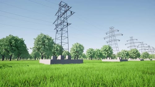 3D Animation of Power Lines with Energy Flow in Green Landscape