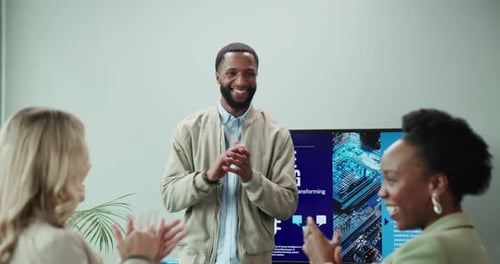 Applause, presentation and success with business man in boardroom for machine learning workshop