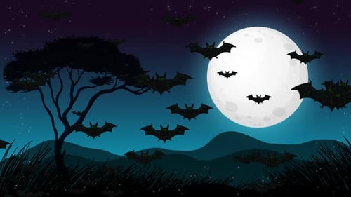 Halloween Night Sky with Flying Bats and Full Moon