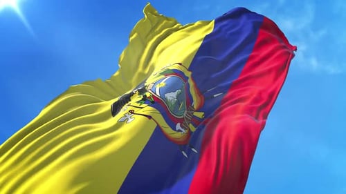 National Flag of Ecuador Waving in Bright Blue Sky