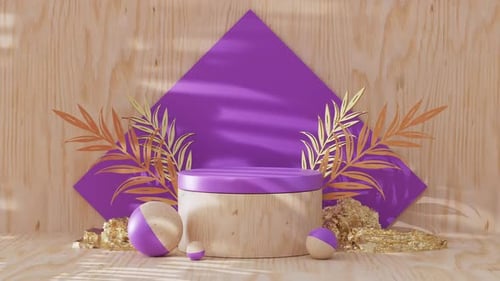 Modern product display stage with purple accents and golden foliage