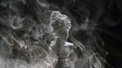 White Statue Sculpture on Black Background in Smoke Smoking Fog Vapour Texture Closeup