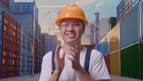 Close Up Of Asian Man Worker Clapping His Hands At Container Yard ...
