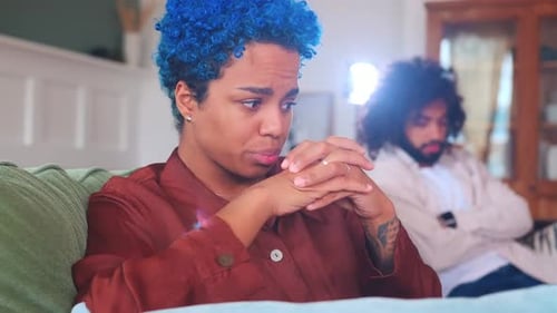 Young Multiracial Couple Woman and Man After Quarrel Feel Resentment