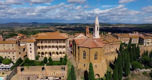 The Cathedral Duomo Of Pienza In Val d'Orcia, Tuscany, Central Italy. Aerial Drone Shot
