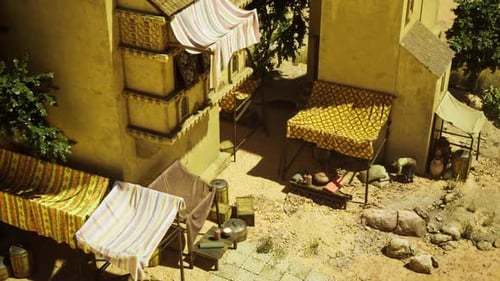 Bustling Bazaar Corner Under Warm Sunlight and Colorful Canopies