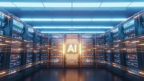 AI Chip in Digital Server Room with Glowing Data Connections