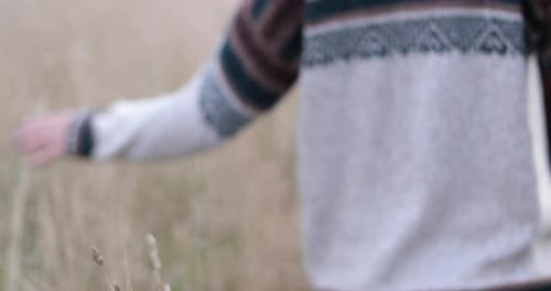 Woman Walks Through Tall Grass Field in Sweater