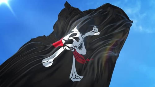 Realistic 3D Pirate Flag Waving in Blue Sky Loop