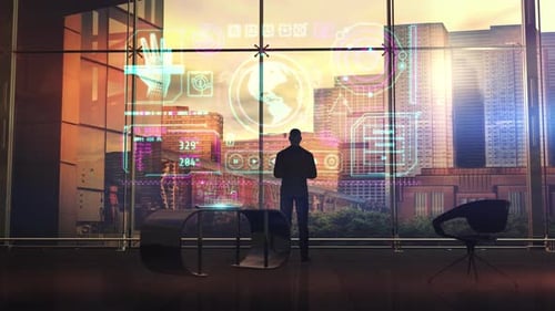 Futuristic Holographic Interface Displaying Data in Modern Office