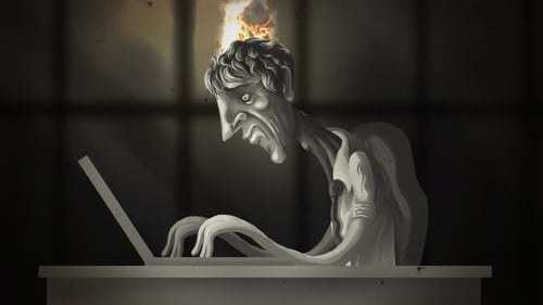 sad office worker experiencing burnout with flames emerging from head while working at computer