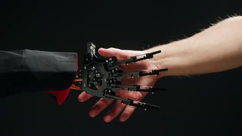 Human and Robot Handshake Artificial Intelligence AI Design Creation Hands Man with Mechanical Arm