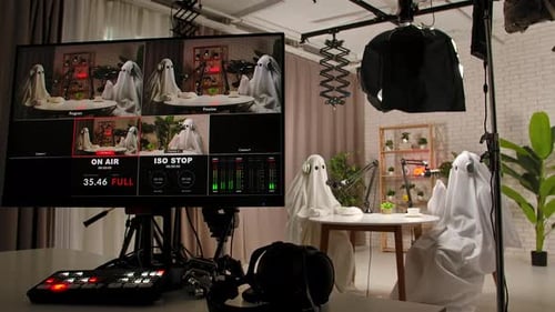 Two Funny Ghosts Record a Podcast in a Studio