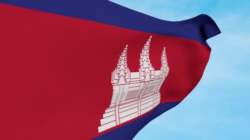 Waving Cambodia Flag Animation Against Blue Sky
