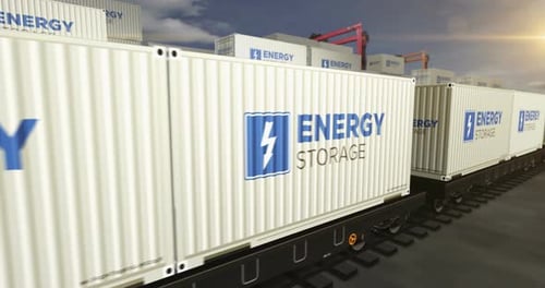 Energy storage containers on cargo train wagons loop