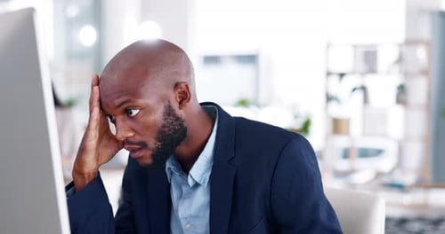 Stress, mistake and businessman in the office with a fail, crisis or challenge for project