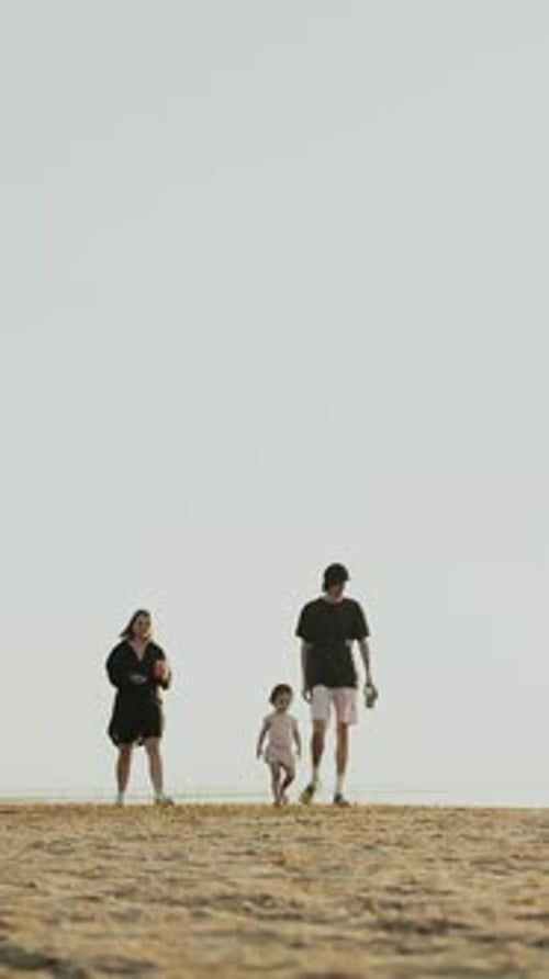 Vertical Video A Family Happily Enjoying a Leisurely Walk Together Along the Beach at Sunsets