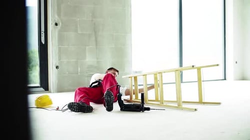Injured Construction Worker Sits on Floor by Ladder