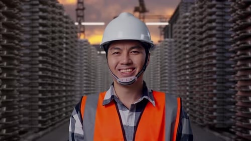 Close Up Of Asian Male Engineer Smiling To Camera at Aluminum Stock
