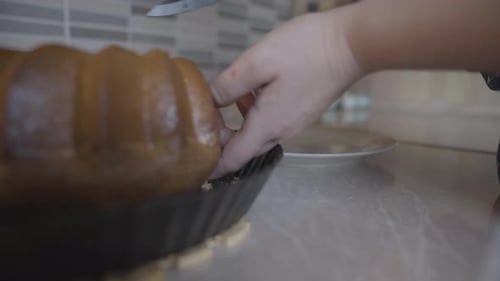 Cutting and Serving Cake in the Kitchen