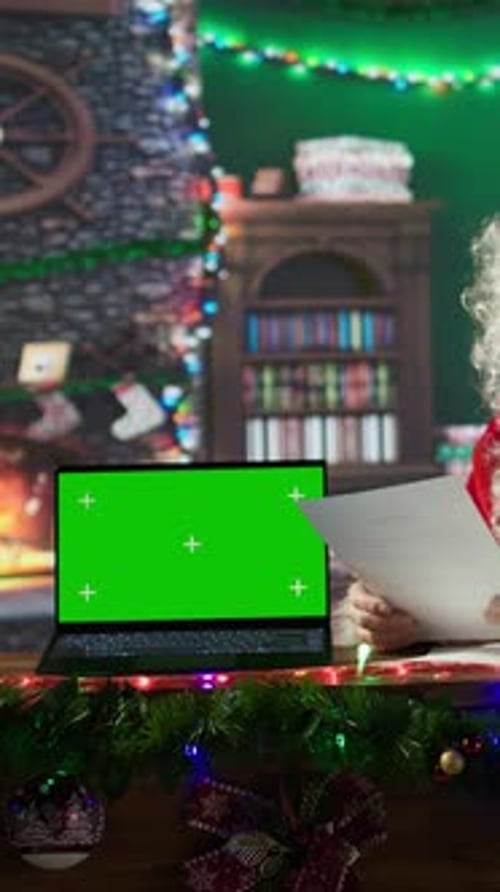 Vertical Video Santa Claus Sitting in His Log Cabin Next to Chroma Key Display