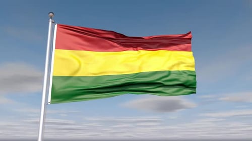 Realistic Bolivian Flag Waving on Flagpole Against Blue Sky