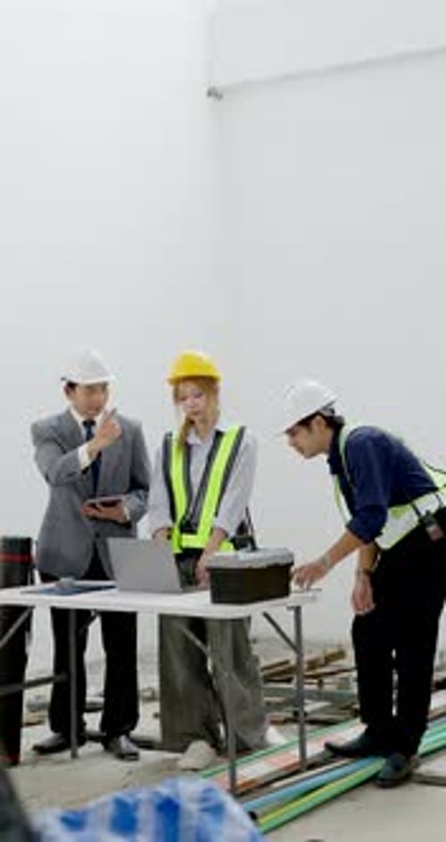 Asian construction team reviews blueprint around laptop table while female engineer, male