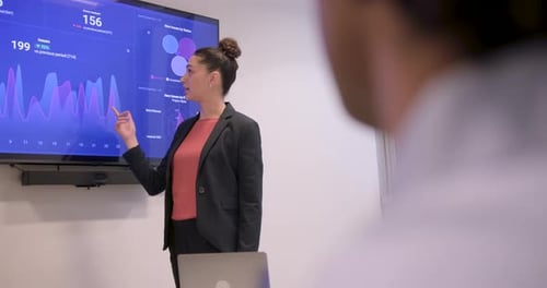 Businesswoman Presenting on screen in Modern Office Meeting room