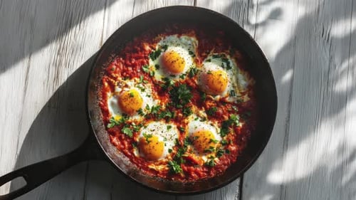 Delicioso desayuno de shakshuka con huevos soleados en una sartén de hierro fundido