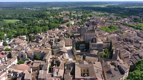 View of beautiful town of Uzes, Gard department, France. Aerial view of the historic town of Uzes
