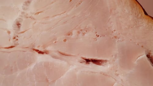 Woman Slices Ham Bacon Meat Thick Pieces on a Wooden Board Beef or Pork Jamon Chef Cooking Breakfast