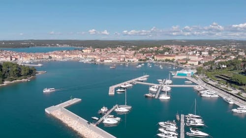 Adriatic Sea boat Harbor Port on Croatia coast. beautiful aerial establishing View
