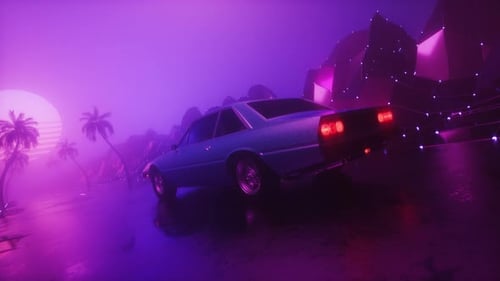 Retro Wave Riding Car At Foggy Landscape Synth Wave Style Background Loop