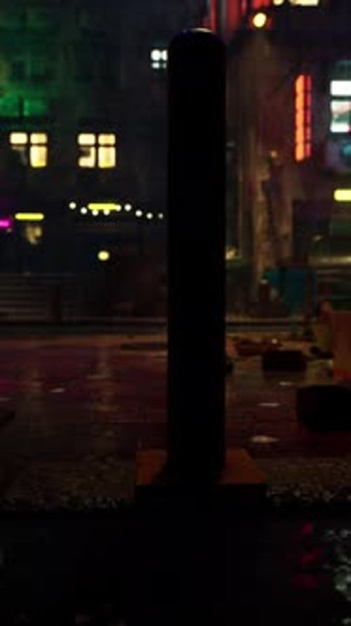 Busy City Street With Vibrant Neon Lights in Rainy Asian Night