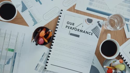 Documents, graph and above for performance in office with finance report