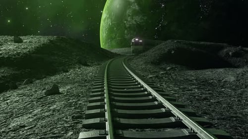 Ein Zug bewegt sich entlang von Gleisen in einer fremden Landschaft unter einem grün beleuchteten Himmel, in dem die Erde sichtbar ist