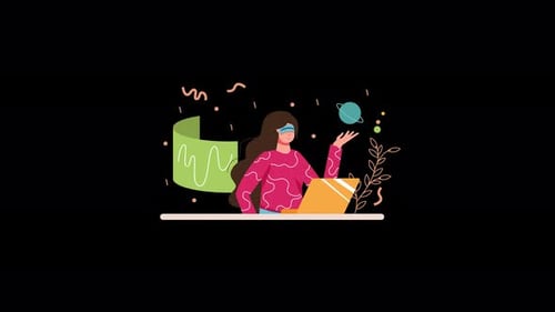 Woman in VR headset with abstract elements