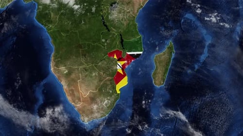 World Map Zoom into Mozambique with National Flag Reveal