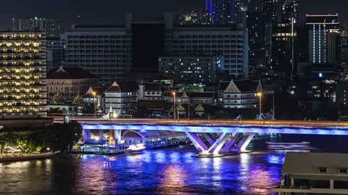 Nighttime Cityscape Overlooking Vibrant Chao Phraya River and Illuminated Bridge in Bangkok