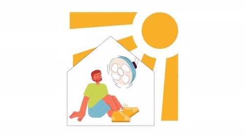 Animated Man Feeling Hot Inside House with Fan