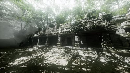 Ancient Temple in Cambodia Shrouded By Mist and Surrounded By Lush Greenery